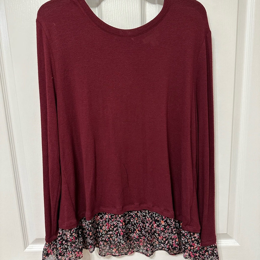 Women's Burgundy Long Sleeve Top with Floral Hem